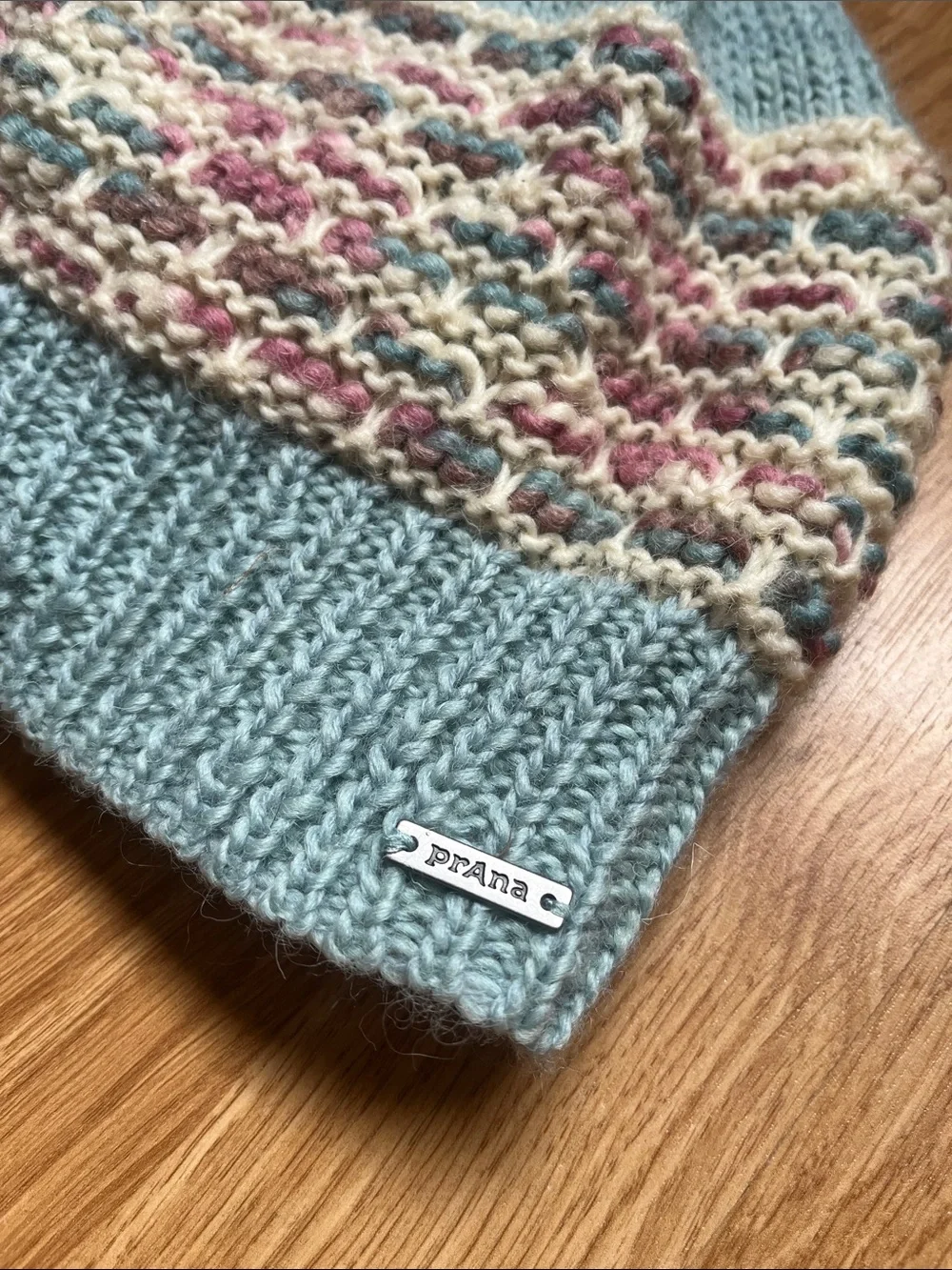 Prana Light Blue Knit Pom Beanie with Cream, Pink and Teal Accents